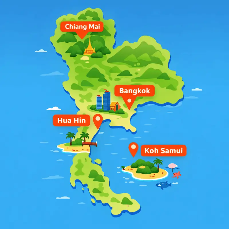 Map of Thailand showing Abroad Escape volunteer program locations in Chiang Mai, Hua Hin and Koh Samui