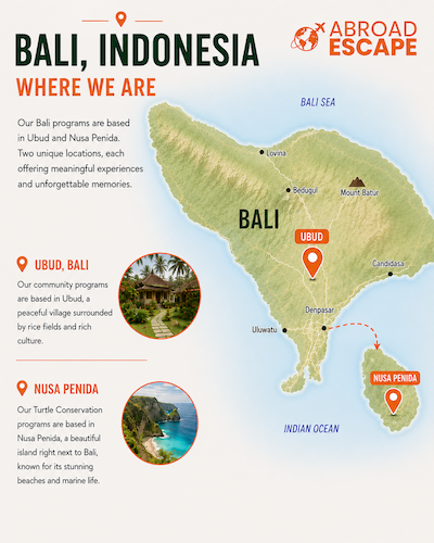 Map of Bali showing Abroad Escape volunteer program locations in Ubud and Nusa Penida, Indonesia