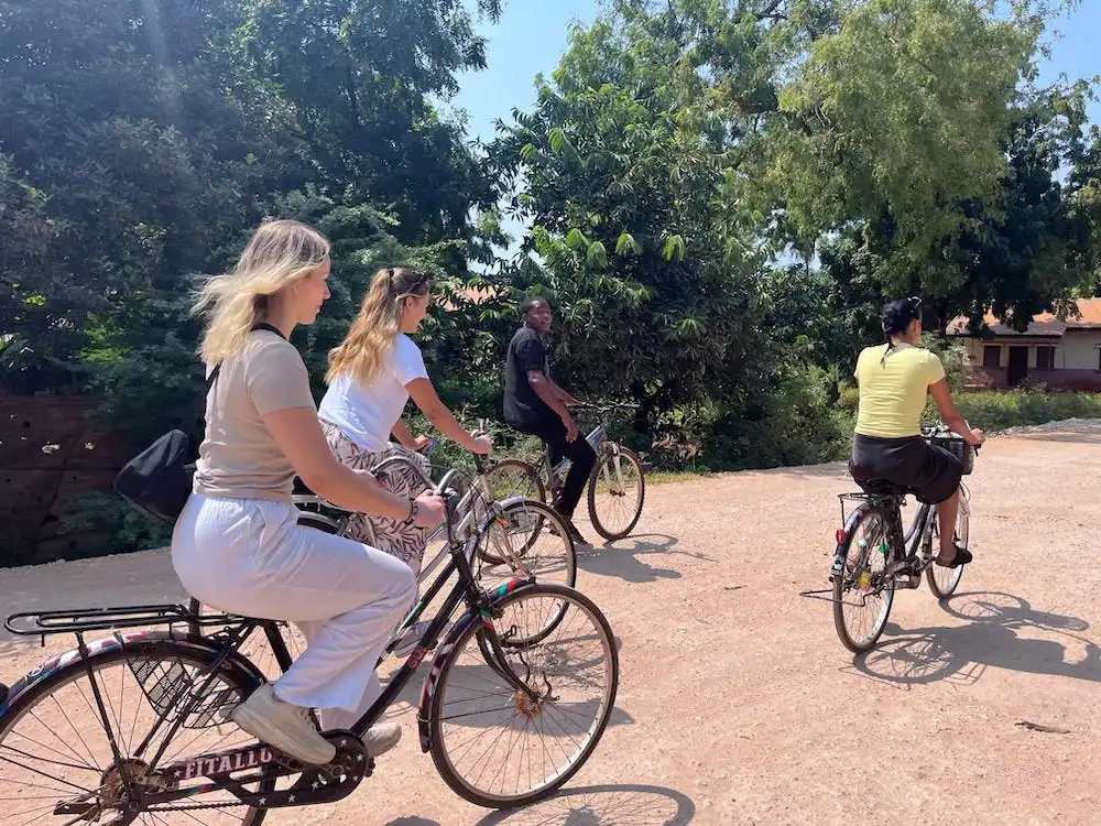 Volunteer group visiting the colourful Tarrafal sign on Santiago Island, showing the Cape Verde setting of Abroad Escape volunteer programs.